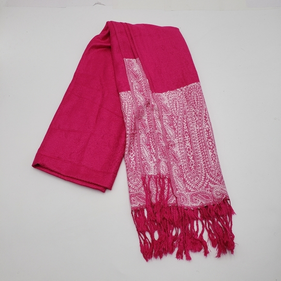 Cashmere Womens Scarf Wrap Pink Paisley 24 x 66 Inches Tassled Multi Use - Picture 5 of 6